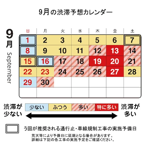 首都高9月の渋滞予測カレンダー